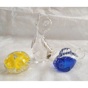 Signed Art Glass 6" Konstglas Duckling, St. Clair Yellow Flowers, Cobalt Fish